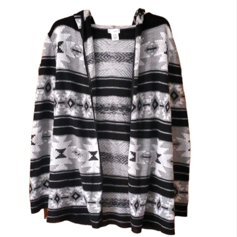 Trillium Womans‎ Open Front Black Tribal Hoodie Cardigan in Medium